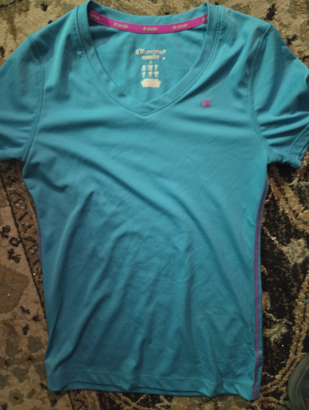 Champion Teal V-Neck Athletic Tee with Pink Trim